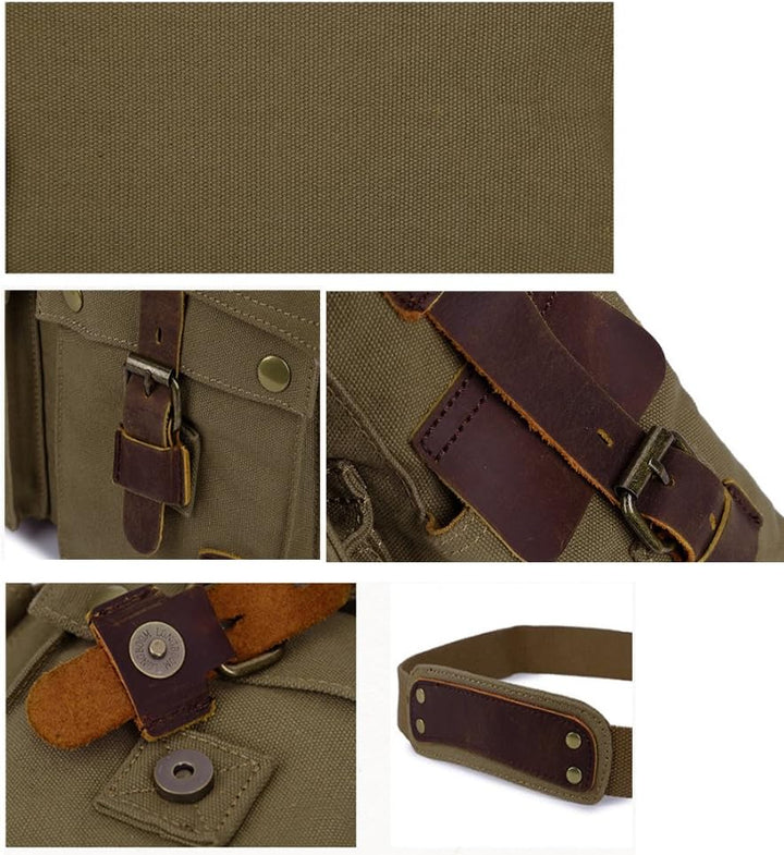 "Schoudertas Heren Canvas met Laptop Vakken, robuust en stijlvol, militaire uitstraling, geschikt voor dagelijks gebruik."