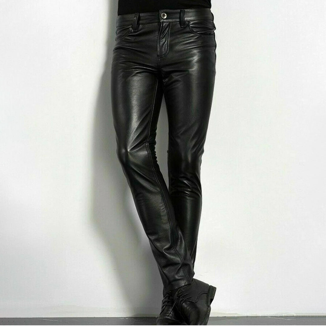 "Slank fit zwarte leren broek heren, elegant design, accentueert lichaamscontouren, geschikt voor casual en formele gelegenhe