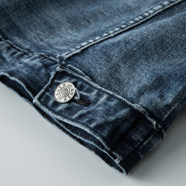 "Slim fit denimjack heren, retro motorstijl, biker look, stretch katoen, turn-down kraag, knoopsluiting, streetwear casual"