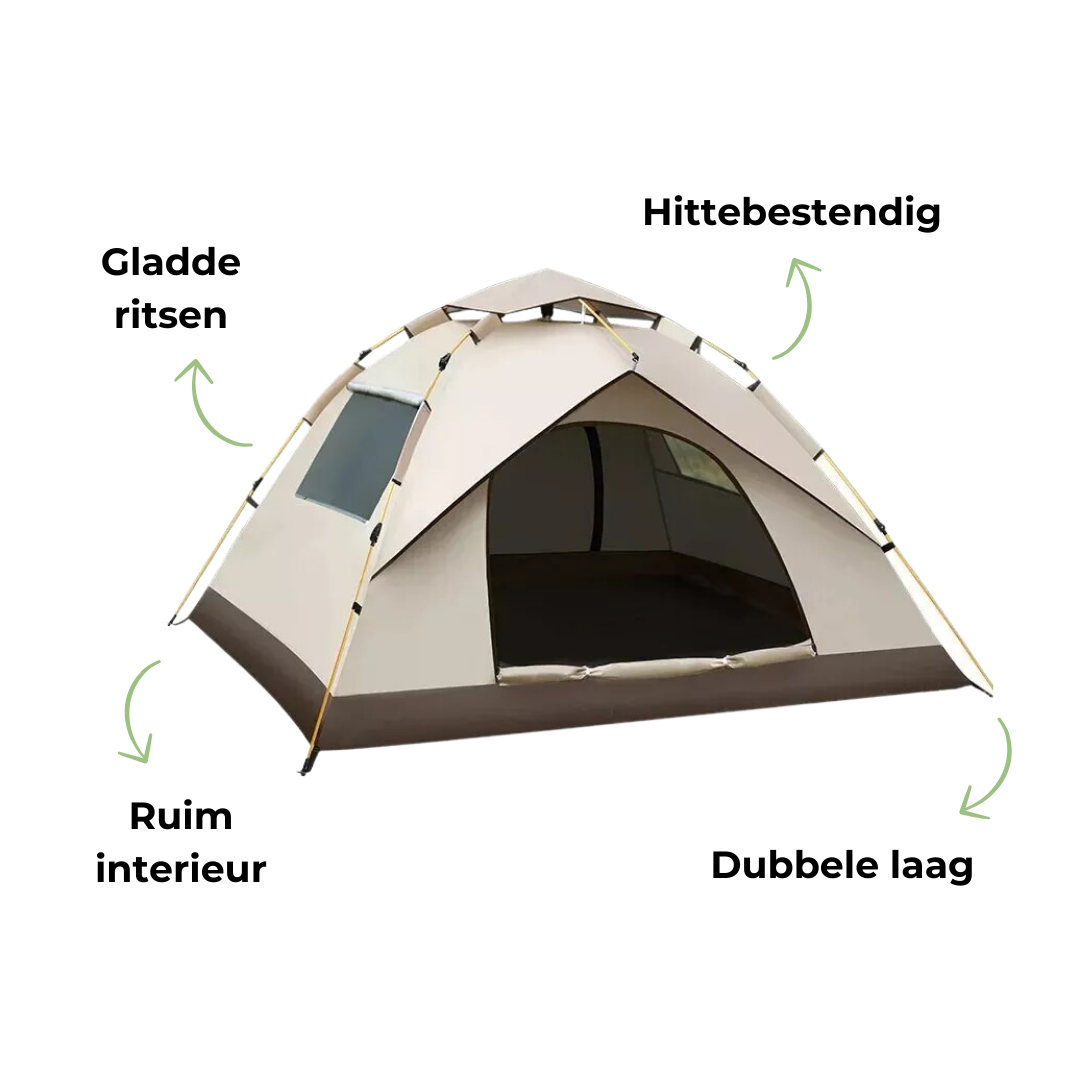 "Snel opzetbare, dubbellaagse, waterdichte tent op groene ondergrond, geschikt voor 2-3 personen, ideaal voor kamperen."