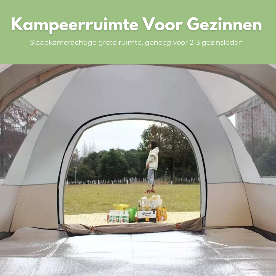 "Snel opzetbare, dubbellaagse, waterdichte tent op groene ondergrond, geschikt voor 2-3 personen, ideaal voor kamperen."
