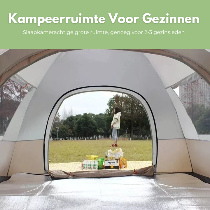 "Snel opzetbare, dubbellaagse, waterdichte tent op groene ondergrond, geschikt voor 2-3 personen, ideaal voor kamperen."