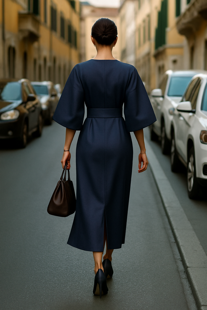 "Soraya midi jurk met wijde mouwen, elegant en chic, losvallend met tailleband, luxe stof, modieuze uitstraling."