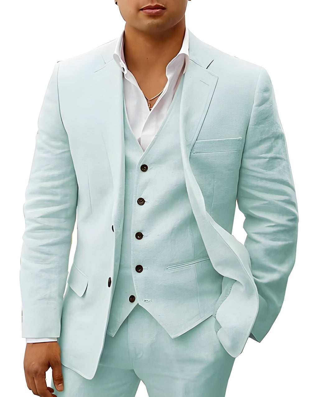 Stijlvol 3-delig herenpak in ademend linnen, lichtblauw, met colbert, gilet en pantalon, ideaal voor zomerse bruiloften.