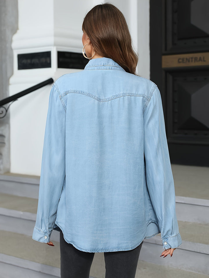 "Stijlvol comfortabel denim overhemd, losse pasvorm, effen kleur, dames, perfect voor dagelijks gebruik."