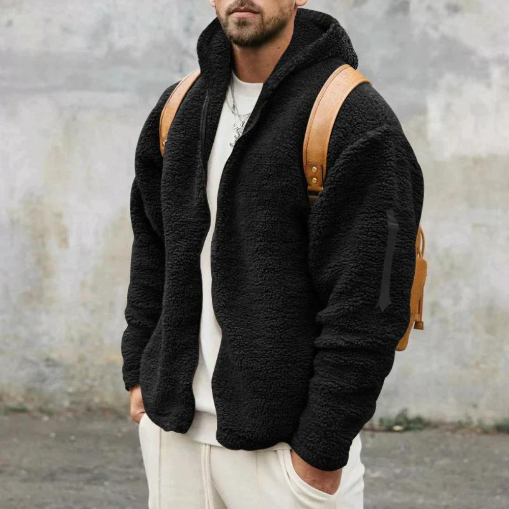 "Stijlvol en warm dubbelzijdig heren fleece jack met capuchon, beige met ritssluiting voor veelzijdige looks."