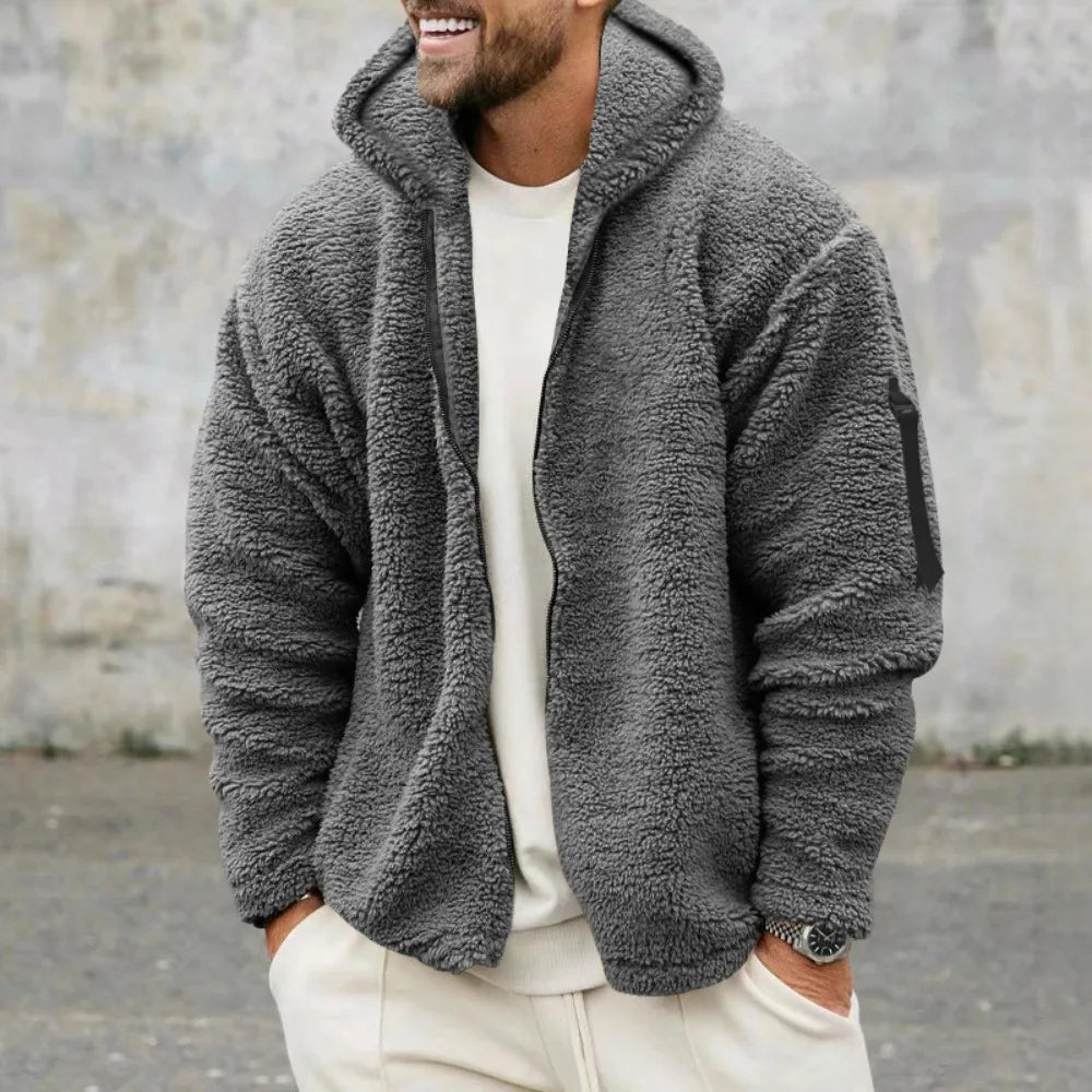 "Stijlvol en warm dubbelzijdig heren fleece jack met capuchon, beige met ritssluiting voor veelzijdige looks."