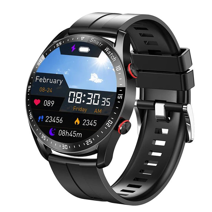 "Stijlvol gezondheidsmonitor horloge met glucosemeter, zwart siliconen band, elegant en modern ontwerp voor dagelijks gebruik