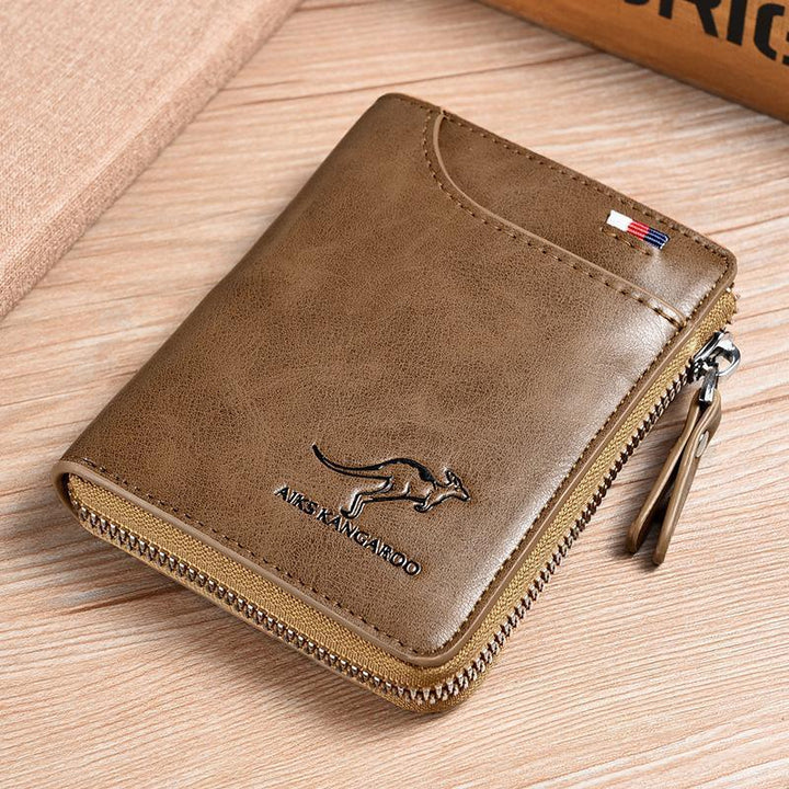 "Stijlvolle compacte RFID portemonnee voor dames, beige PU-leer, strakke look, veilige kaartsleuven, moderne accessoire."