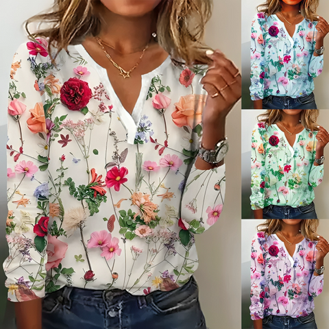 "Stijlvolle dames bloemenblouse met V-hals, levendig patroon, comfort en veelzijdig geschikt voor elke gelegenheid."