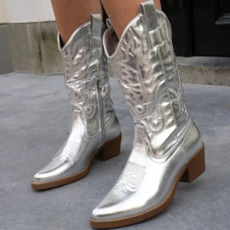 "Stijlvolle dames cowboylaarzen met metallic afwerking, elegante uitstraling en comfortabele pasvorm, geschikt voor elke gele