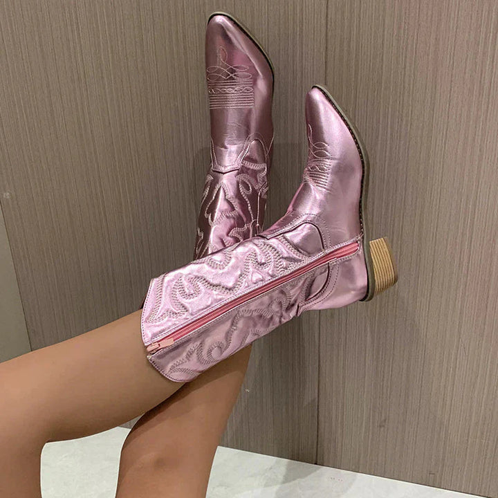 "Stijlvolle dames cowboylaarzen met metallic afwerking, elegante uitstraling en comfortabele pasvorm, geschikt voor elke gele