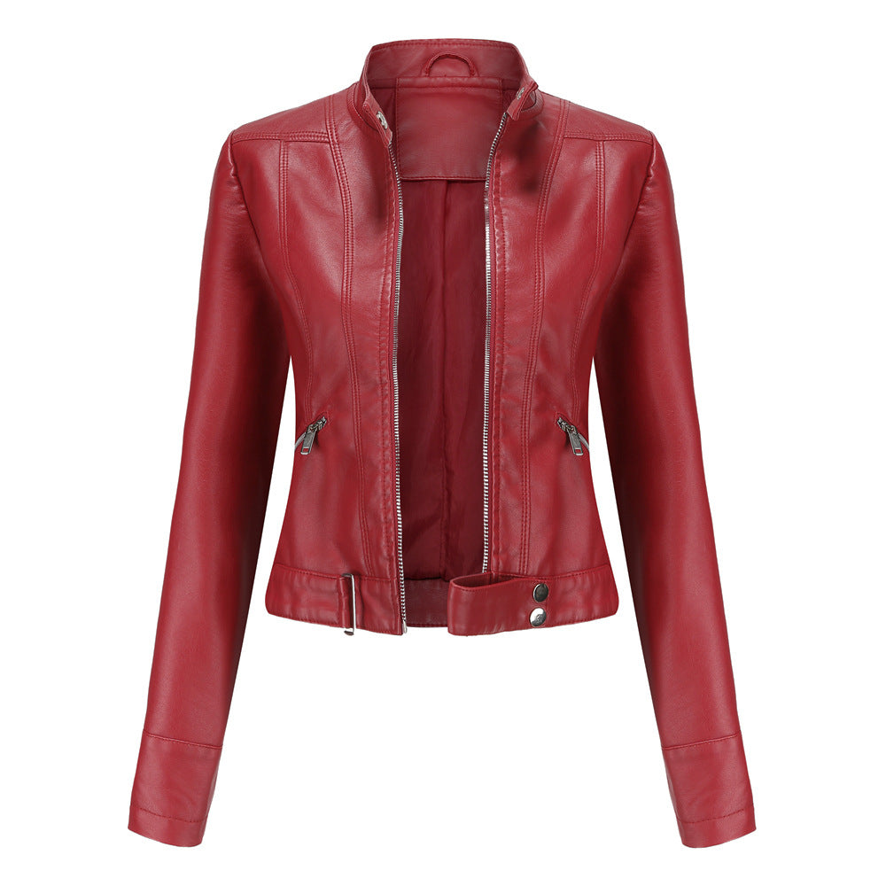 "Stijlvolle dames leren jas, veganistisch, met symmetrische rits en glanzende metallic accenten, geschikt voor alle gelegenhe