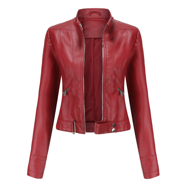 "Stijlvolle dames leren jas, veganistisch, met symmetrische rits en glanzende metallic accenten, geschikt voor alle gelegenhe
