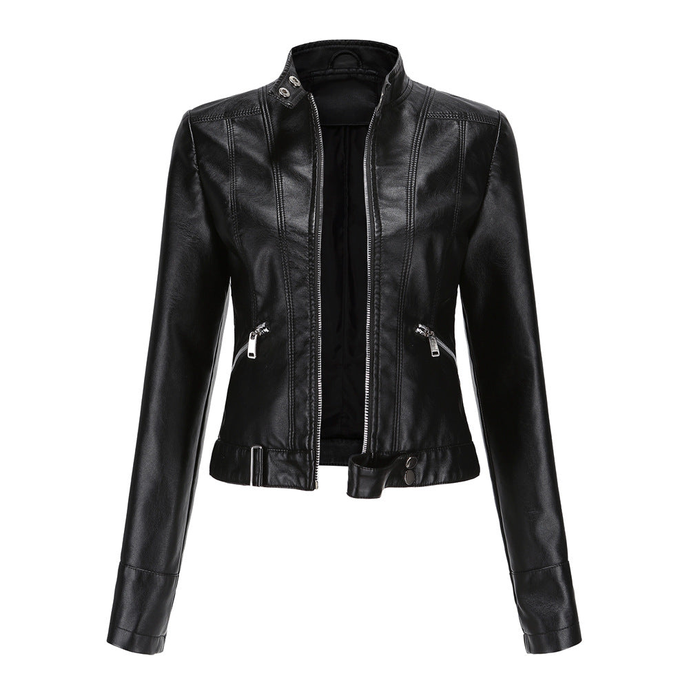 "Stijlvolle dames leren jas, veganistisch, met symmetrische rits en glanzende metallic accenten, geschikt voor alle gelegenhe