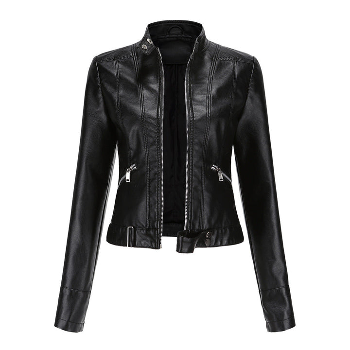 "Stijlvolle dames leren jas, veganistisch, met symmetrische rits en glanzende metallic accenten, geschikt voor alle gelegenhe