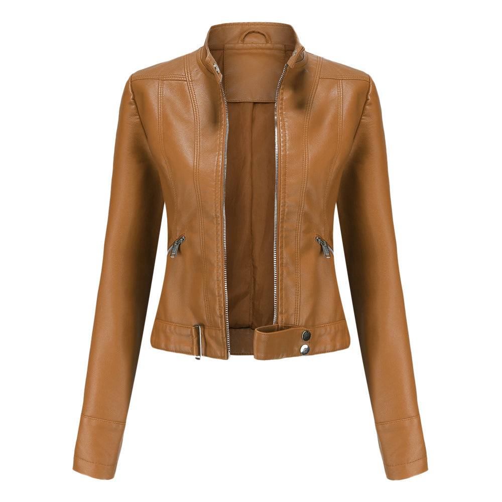 "Stijlvolle dames leren jas, veganistisch, met symmetrische rits en glanzende metallic accenten, geschikt voor alle gelegenhe