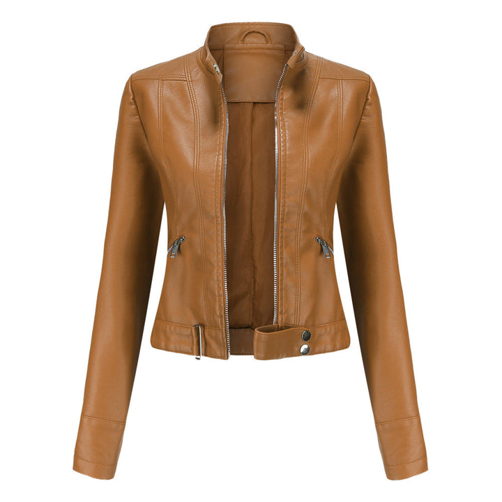 "Stijlvolle dames leren jas, veganistisch, met symmetrische rits en glanzende metallic accenten, geschikt voor alle gelegenhe