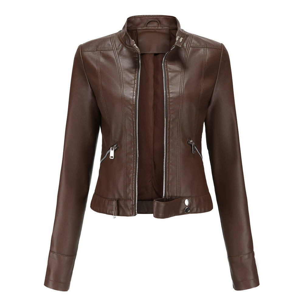 "Stijlvolle dames leren jas, veganistisch, met symmetrische rits en glanzende metallic accenten, geschikt voor alle gelegenhe