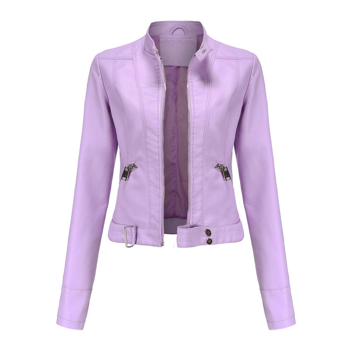 "Stijlvolle dames leren jas, veganistisch, met symmetrische rits en glanzende metallic accenten, geschikt voor alle gelegenhe