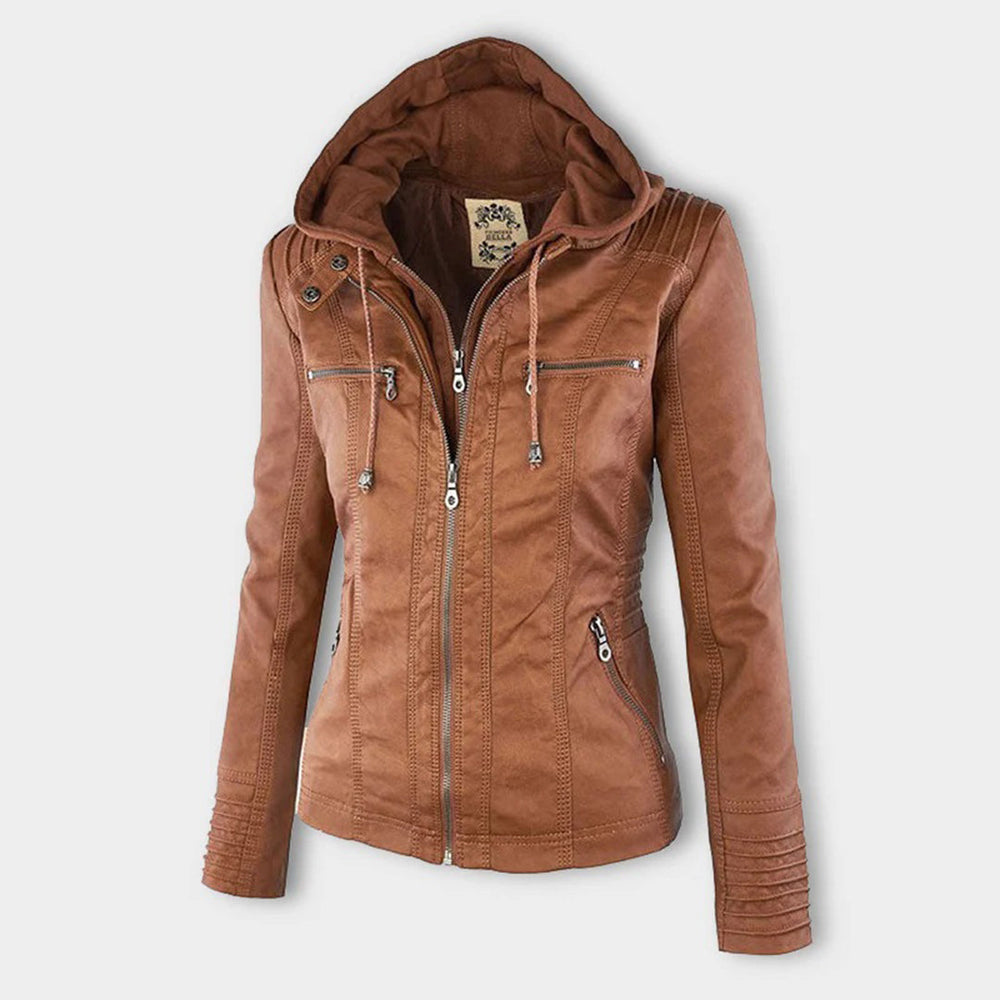 "Stijlvolle dames leren zomerjas, zwart, met moderne ritssluiting en afneembare capuchon, ideaal voor lente & zomer."