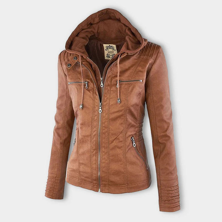 "Stijlvolle dames leren zomerjas, zwart, met moderne ritssluiting en afneembare capuchon, ideaal voor lente & zomer."