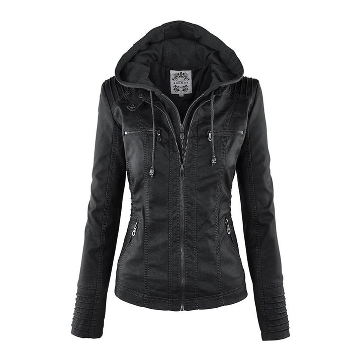 "Stijlvolle dames leren zomerjas, zwart, met moderne ritssluiting en afneembare capuchon, ideaal voor lente & zomer."