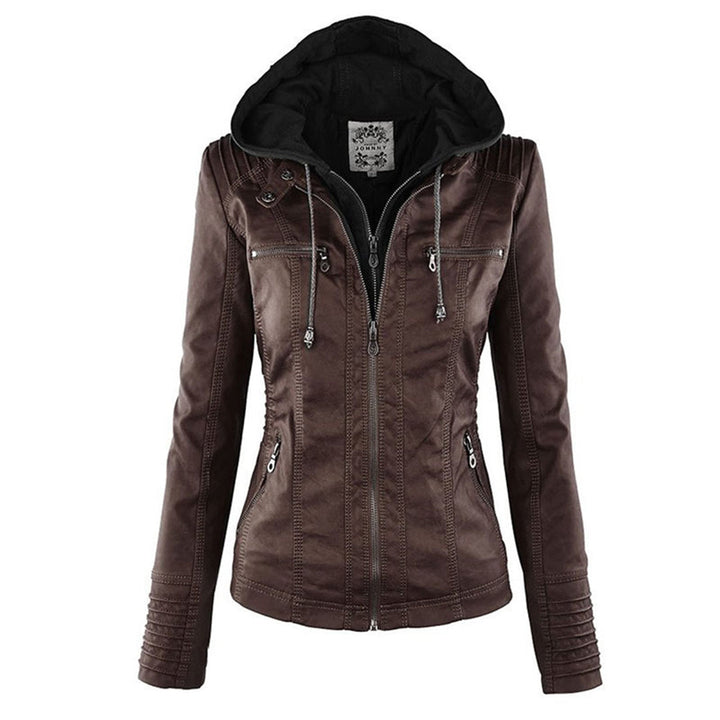 "Stijlvolle dames leren zomerjas, zwart, met moderne ritssluiting en afneembare capuchon, ideaal voor lente & zomer."