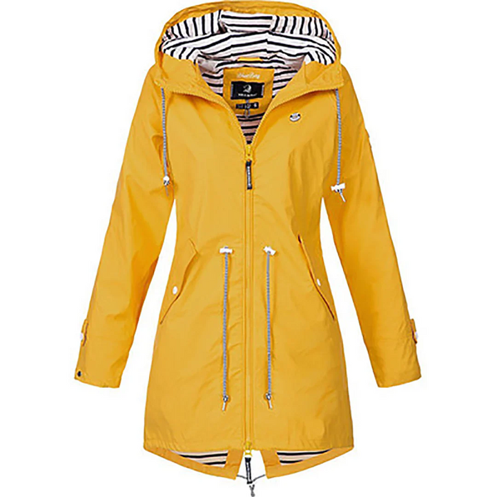 "Stijlvolle dames regenjas, waterdicht en elegant, flatterende pasvorm in diverse kleuren en maten, perfect voor regenachtige
