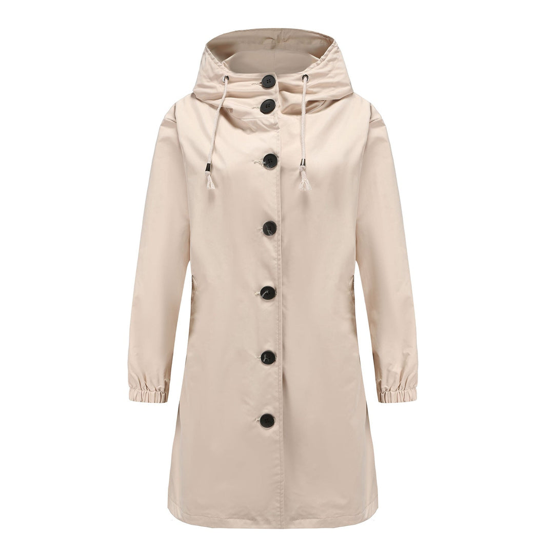 "Stijlvolle damesregenjas met capuchon, waterdicht en slank silhouet, ideaal voor casual en sportieve looks."
