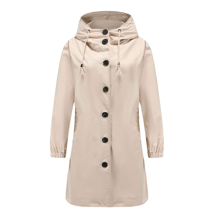 "Stijlvolle damesregenjas met capuchon, waterdicht en slank silhouet, ideaal voor casual en sportieve looks."