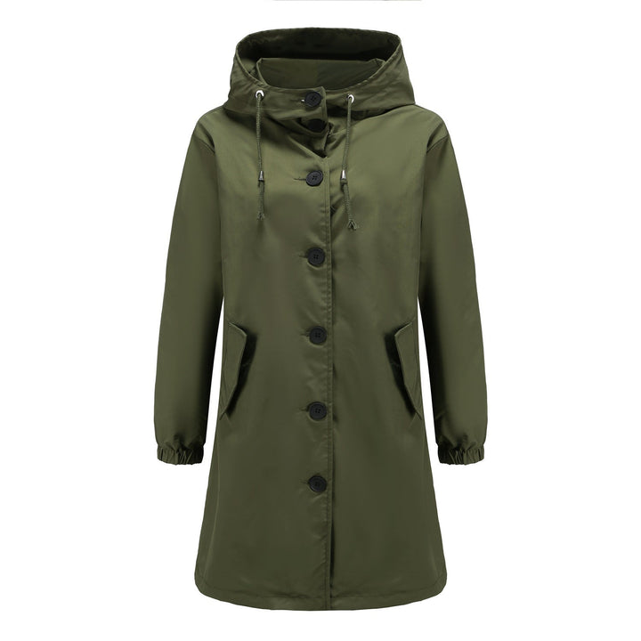 "Stijlvolle damesregenjas met capuchon, waterdicht en slank silhouet, ideaal voor casual en sportieve looks."