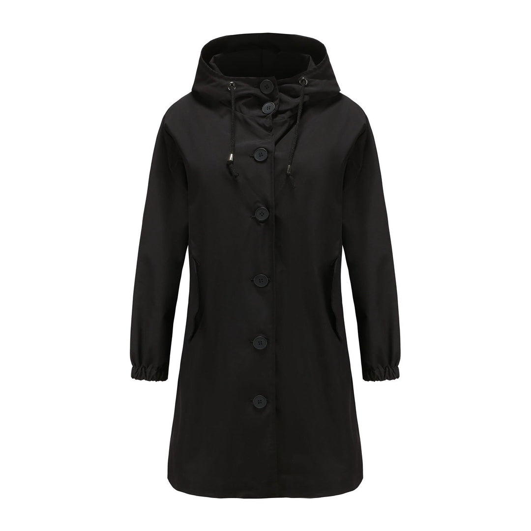 "Stijlvolle damesregenjas met capuchon, waterdicht en slank silhouet, ideaal voor casual en sportieve looks."