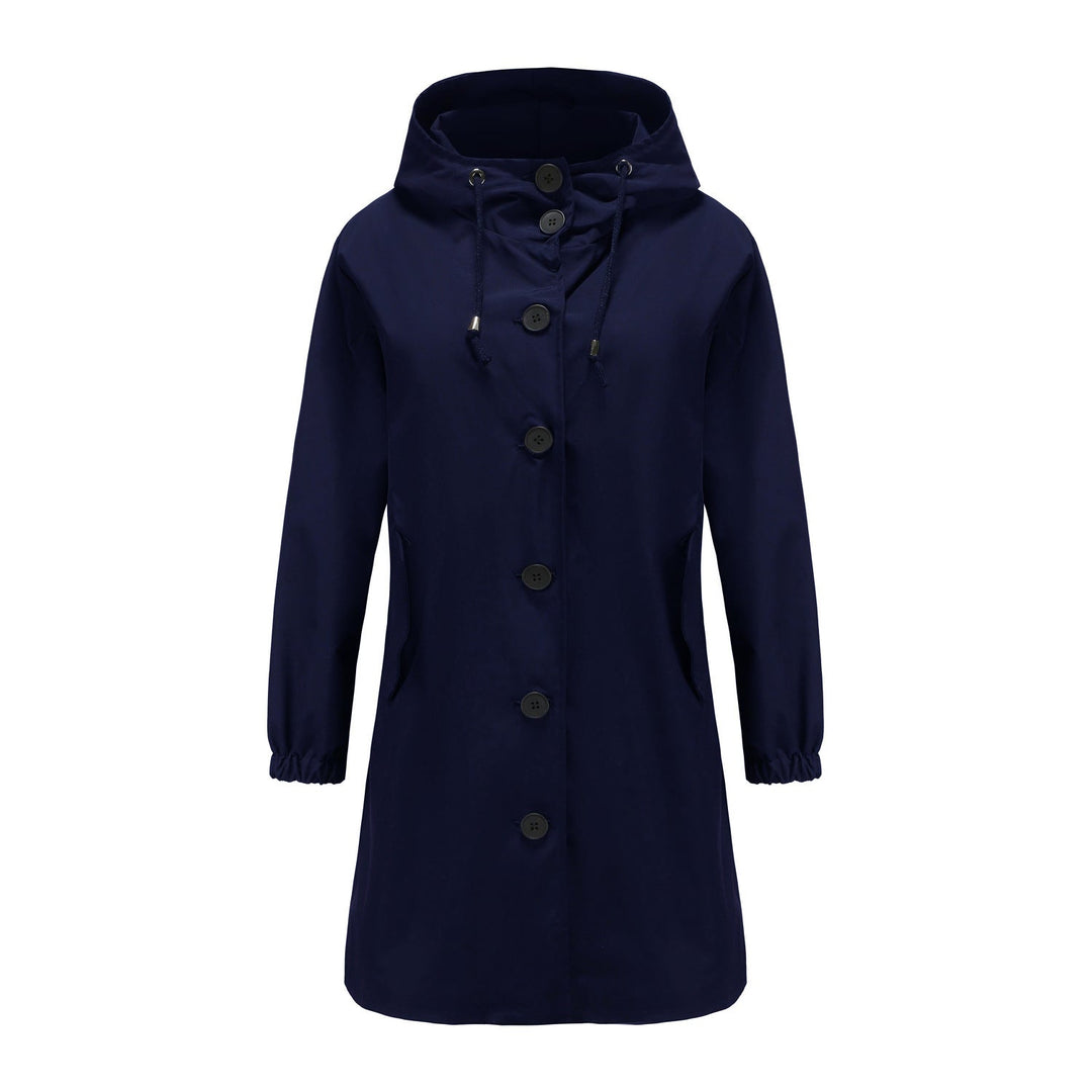 "Stijlvolle damesregenjas met capuchon, waterdicht en slank silhouet, ideaal voor casual en sportieve looks."