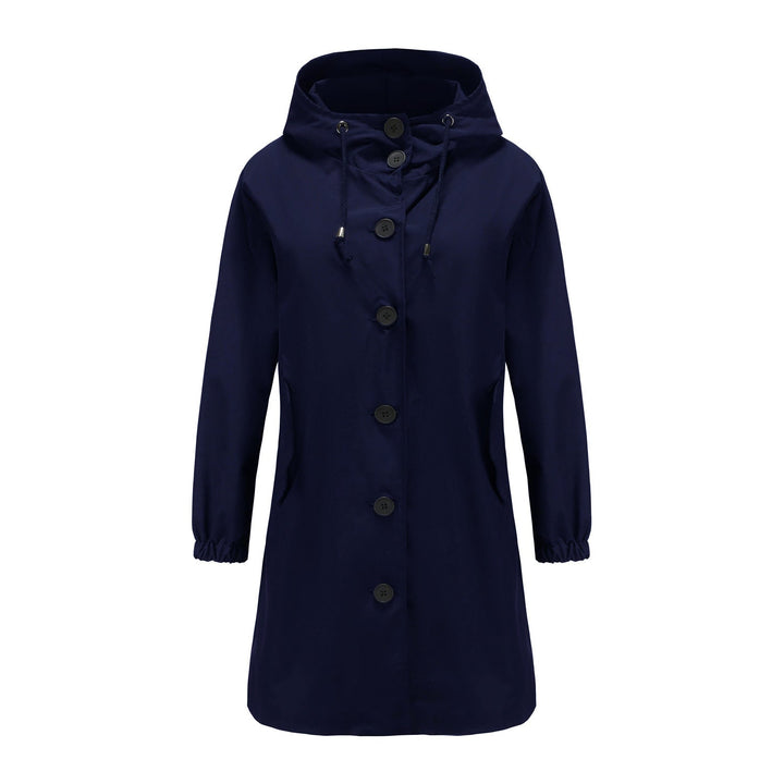 "Stijlvolle damesregenjas met capuchon, waterdicht en slank silhouet, ideaal voor casual en sportieve looks."