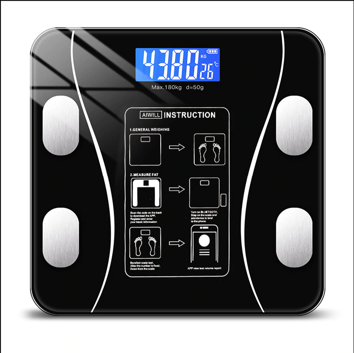 Stijlvolle digitale weegschaal, glazen top, met LED-display voor lichaamsanalyse tot 180kg, meet 11 kenmerken.