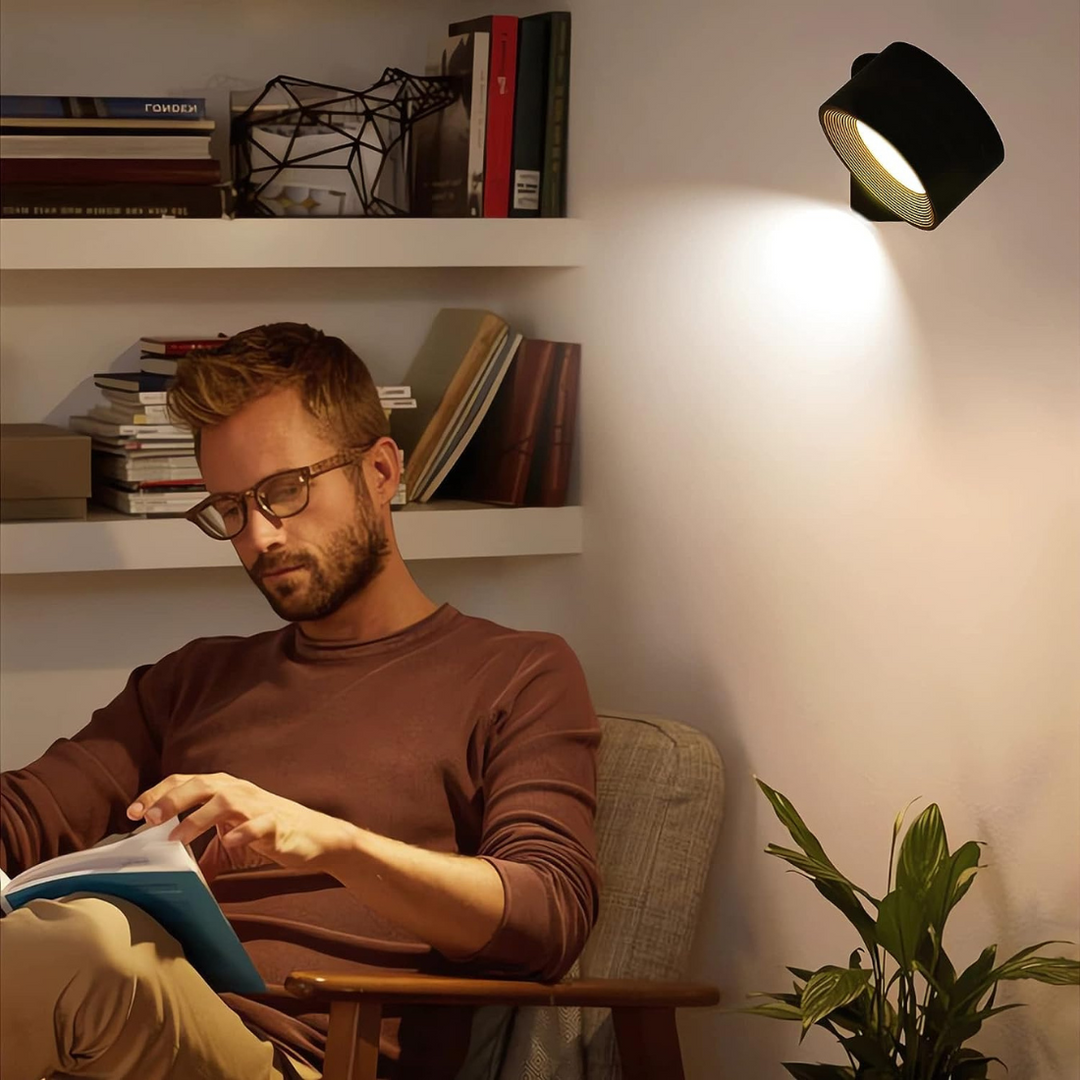 "Stijlvolle draadloze oplaadbare 360° LED wandlamp, geschikt voor binnen en buiten, in hout, wit of zwart."