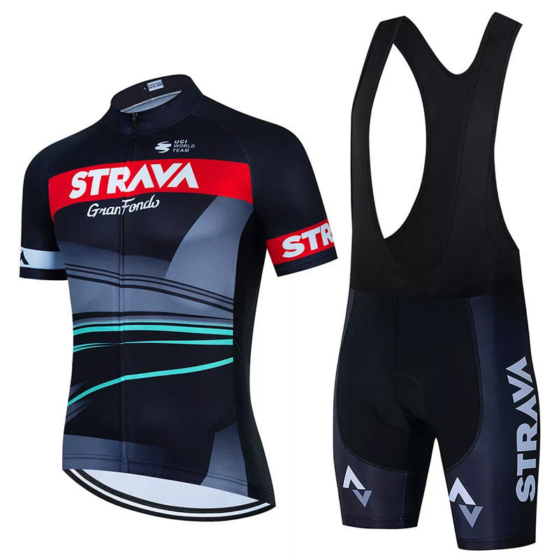 "Stijlvolle fietsjersey set, blauw en ademend, met lange mouwen en praktische zakken, ideaal voor comfort en prestaties."