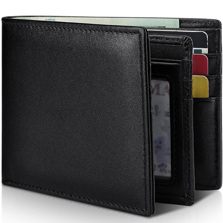 "Stijlvolle heren bifold portemonnee van echt leer met RFID-bescherming, ruimte voor 13 kaarten en slank ontwerp."