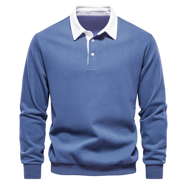 "Stijlvolle heren polo sweatshirt met klassieke kraag en patchwork detail, gemaakt van zachte katoenblend, regular fit."