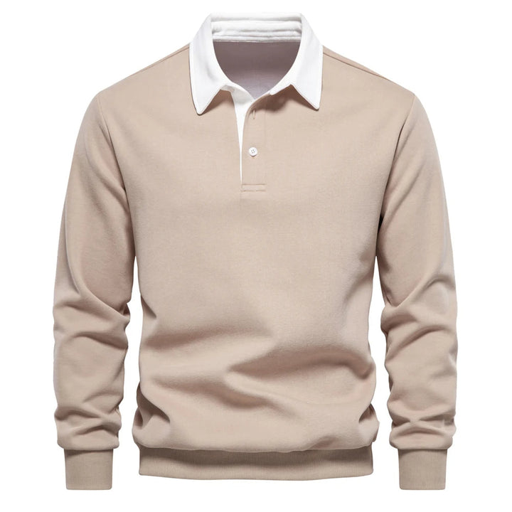 "Stijlvolle heren polo sweatshirt met klassieke kraag en patchwork detail, gemaakt van zachte katoenblend, regular fit."