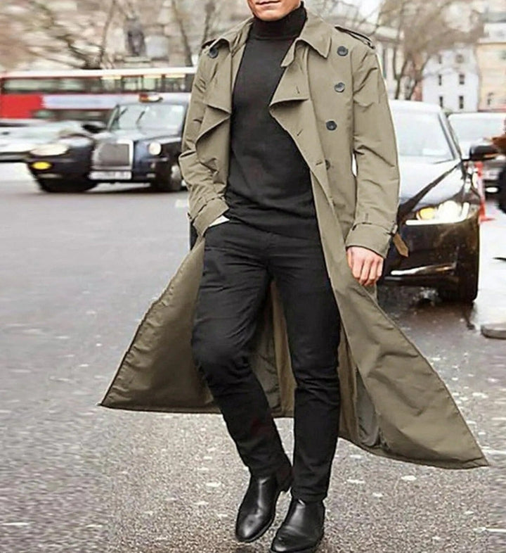 "Stijlvolle heren trenchcoat met moderne snit, verkrijgbaar in zwart, groen en oranje, geschikt voor casual en formele looks.