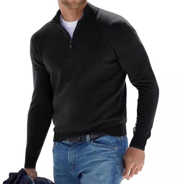 "Stijlvolle heren V-hals trui met rits, gemaakt van zachte faux merinowol, perfect voor casual of semi-formele look."