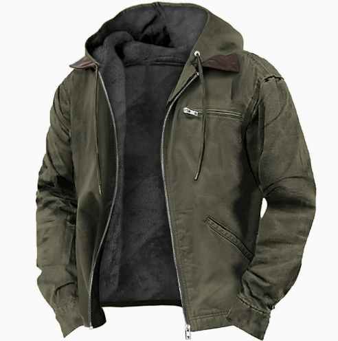"Stijlvolle heren winterjas, blauw met stevige ritssluiting en verstelbare capuchon voor comfort en bescherming tegen de kou.