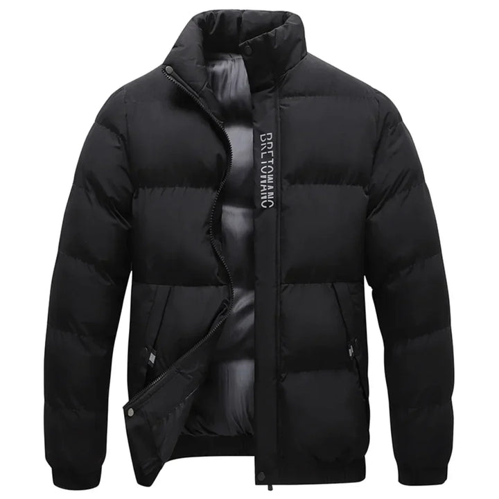 "Stijlvolle heren winterjas, water- en winddicht, grijs, navy blauw of zwart, vooraanzicht met kraag en zakken."