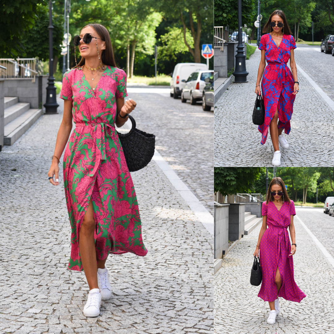 "Stijlvolle Jade Maxi Jurk met frisse bloemenprint, diepe V-hals en hoge split, ideaal voor zomerse dagen."