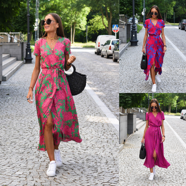 "Stijlvolle Jade Maxi Jurk met frisse bloemenprint, diepe V-hals en hoge split, ideaal voor zomerse dagen."