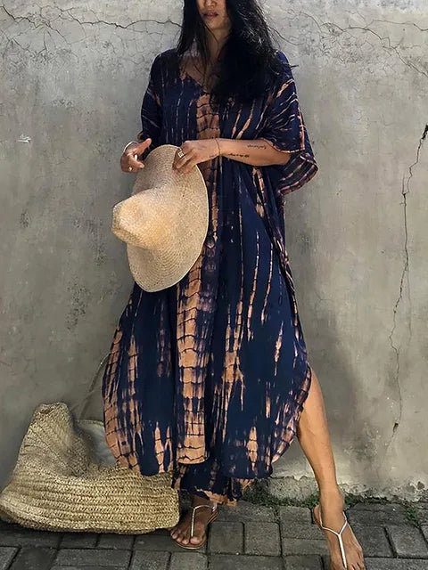 "Stijlvolle luchtige zomer kaftan maxi jurk voor dames, perfect voor stranddagen in exotisch design en ademende stof."