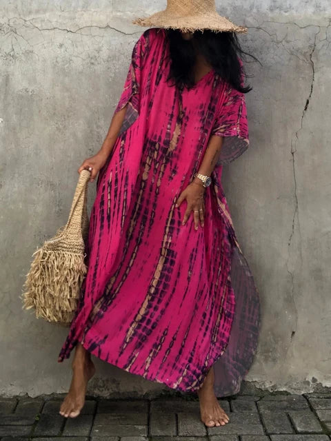 "Stijlvolle luchtige zomer kaftan maxi jurk voor dames, perfect voor stranddagen in exotisch design en ademende stof."