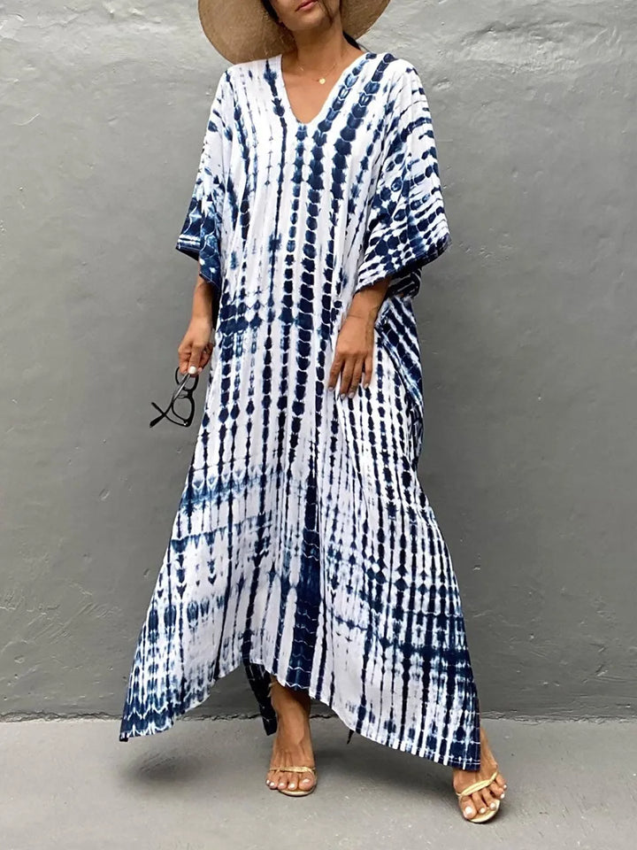 "Stijlvolle luchtige zomer kaftan maxi jurk voor dames, perfect voor stranddagen in exotisch design en ademende stof."